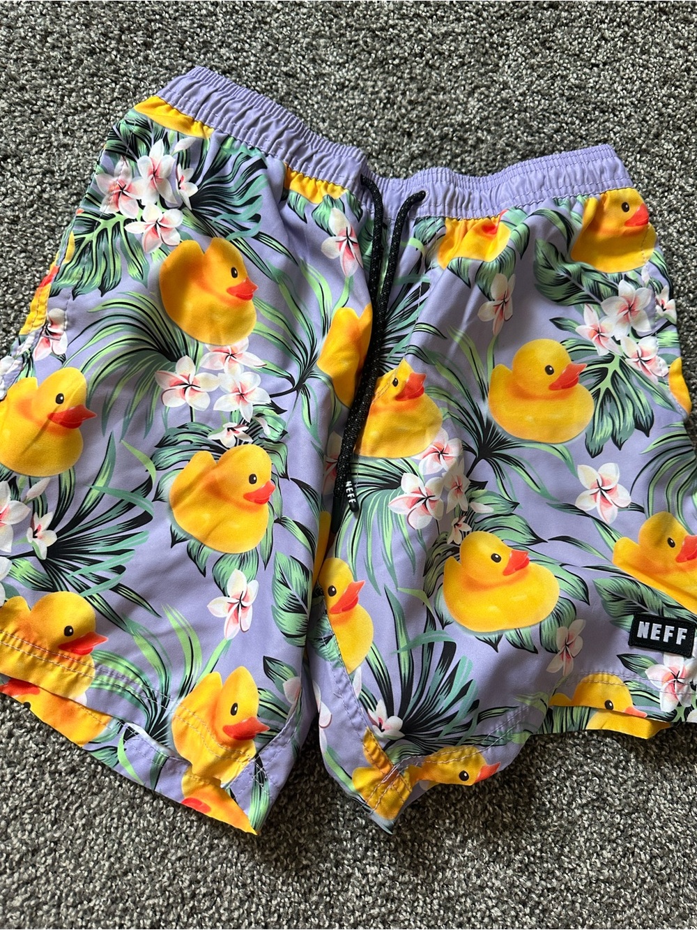 Neff Purple Swim Trunks with Yellow Rubber Duck Print